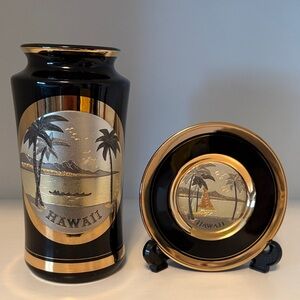 Black Ceramic Hawaii Decorative Vase with Gold Accents